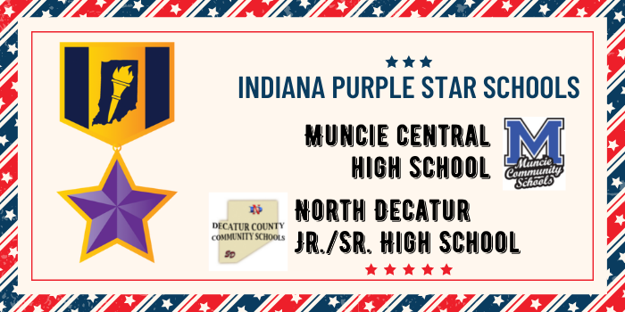 Indiana Purple Star Schools Graphic naming Muncie Central High school and North Decatur Junior Senior High School
