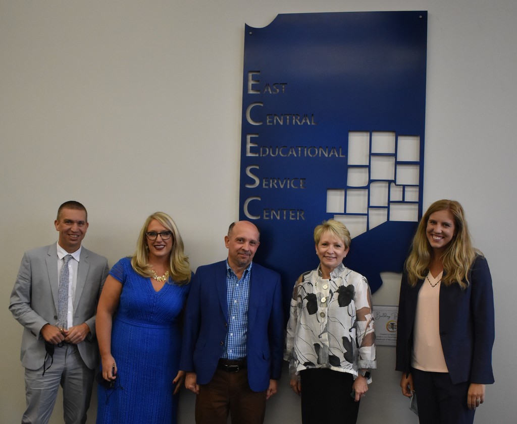Pictured in front of our ECESC sign created by Falcon Industries at Winchester High School (left to right): Jason Callahan, Dr. Katie Jenner, Jamie Merisotis, Dr. Sue Ellspermann, and ECESC Executive Director Katie Lash.