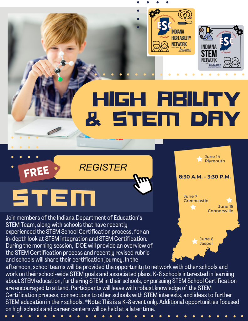 High Ability/STEM Day graphic with dates and information about STEM Certification training..
