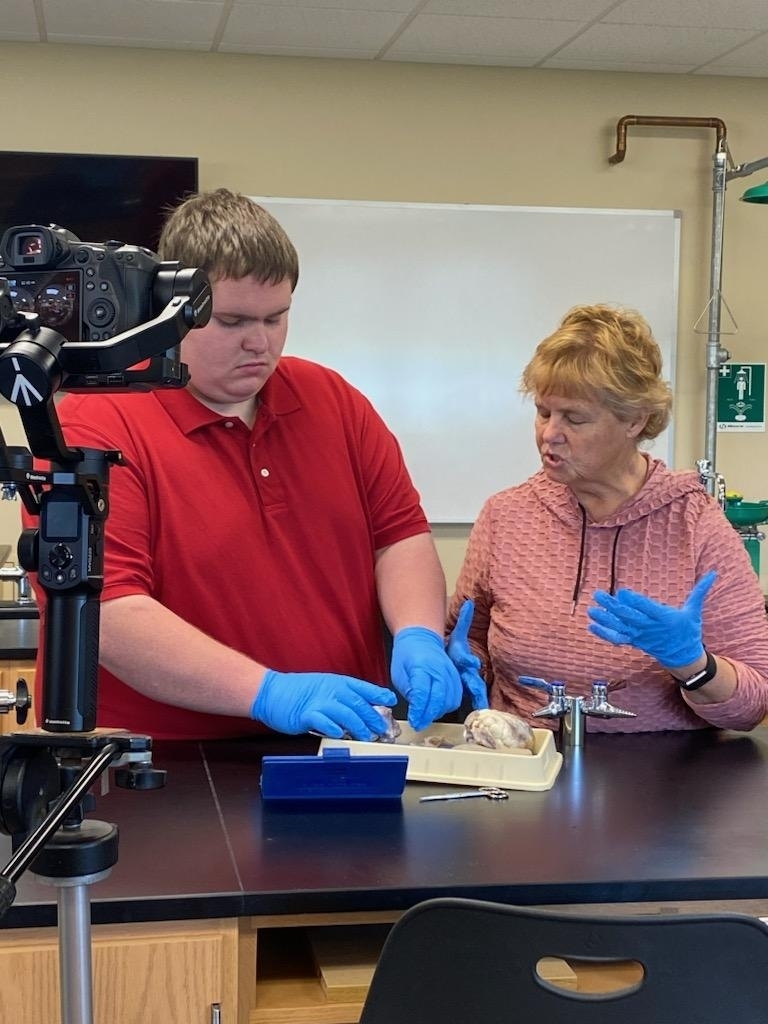 A student and instructor dissecting sheep brains. 