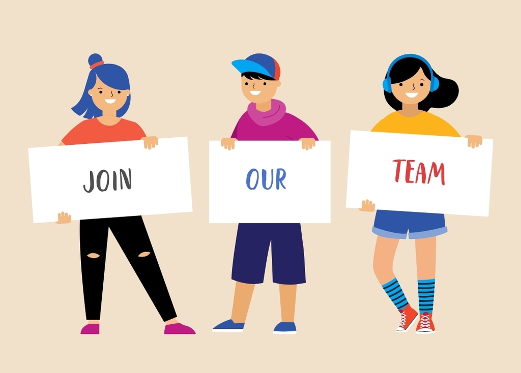 graphic of students holding signs that say join our team
